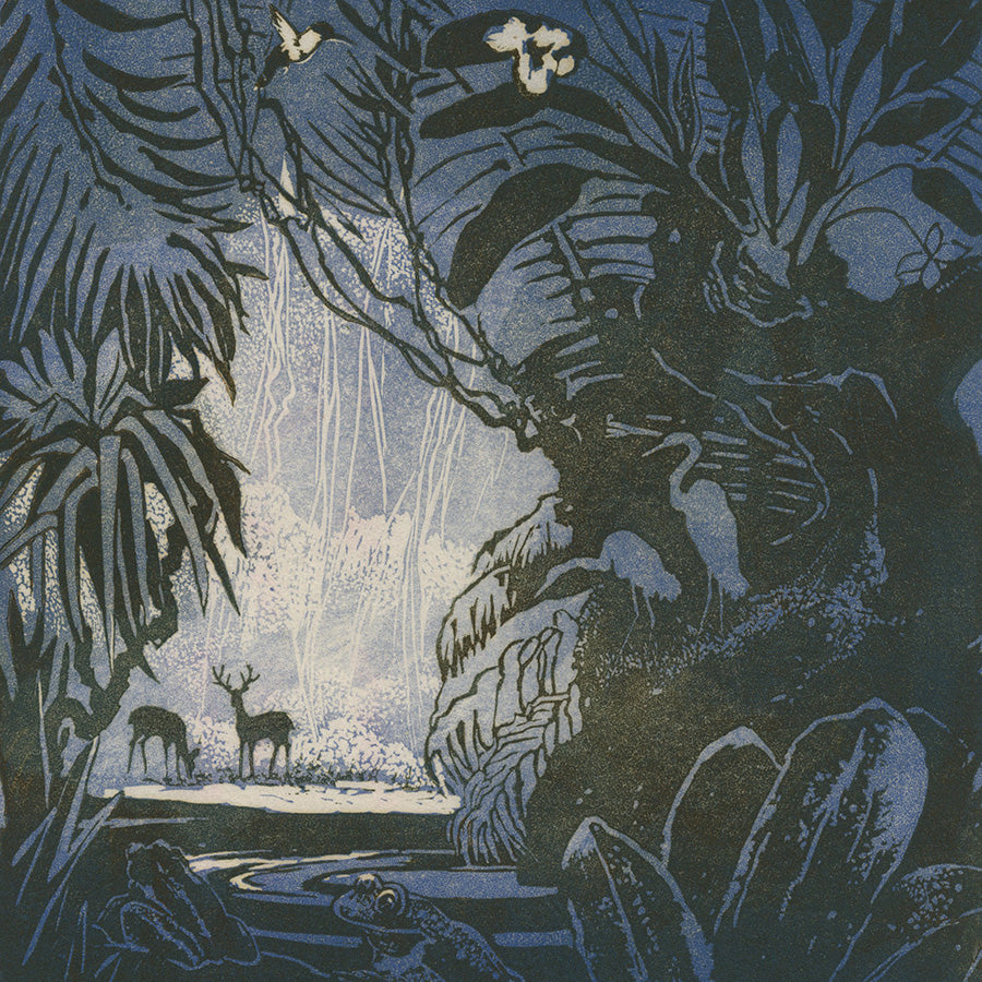 Eva Auld Watson - Jungle Peace - color woodcut - fine art Christmas greeting card - detail