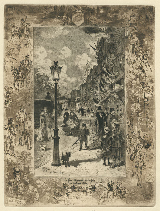 Intaglio - by BUHOT, Felix - titled: National Holiday on the Boulevard de Clichy