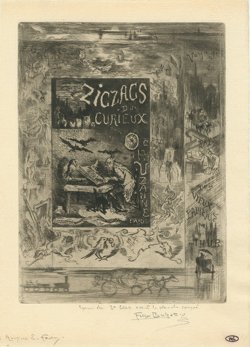 Etching and drypoint - by BUHOT, Felix - titled: Frontispiece for the Zigzags of a Weirdo
