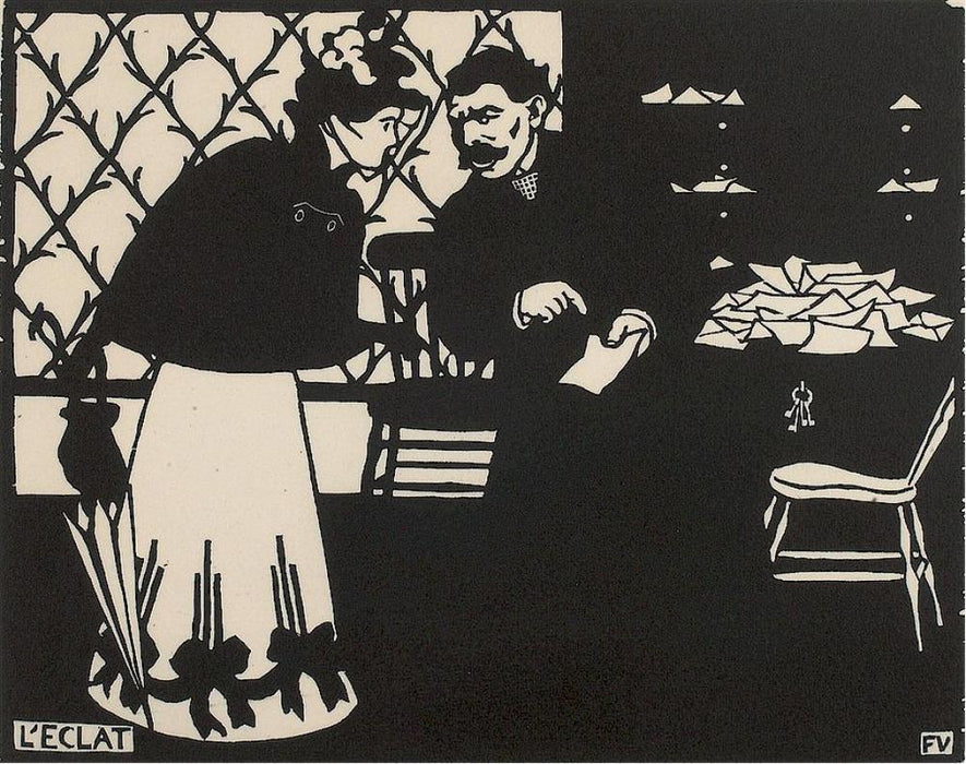 Felix Vallotton - L'Eclat - The Shard - black and white woodcut - couple discussing paper - interior - Vallotton & Goerg 199a