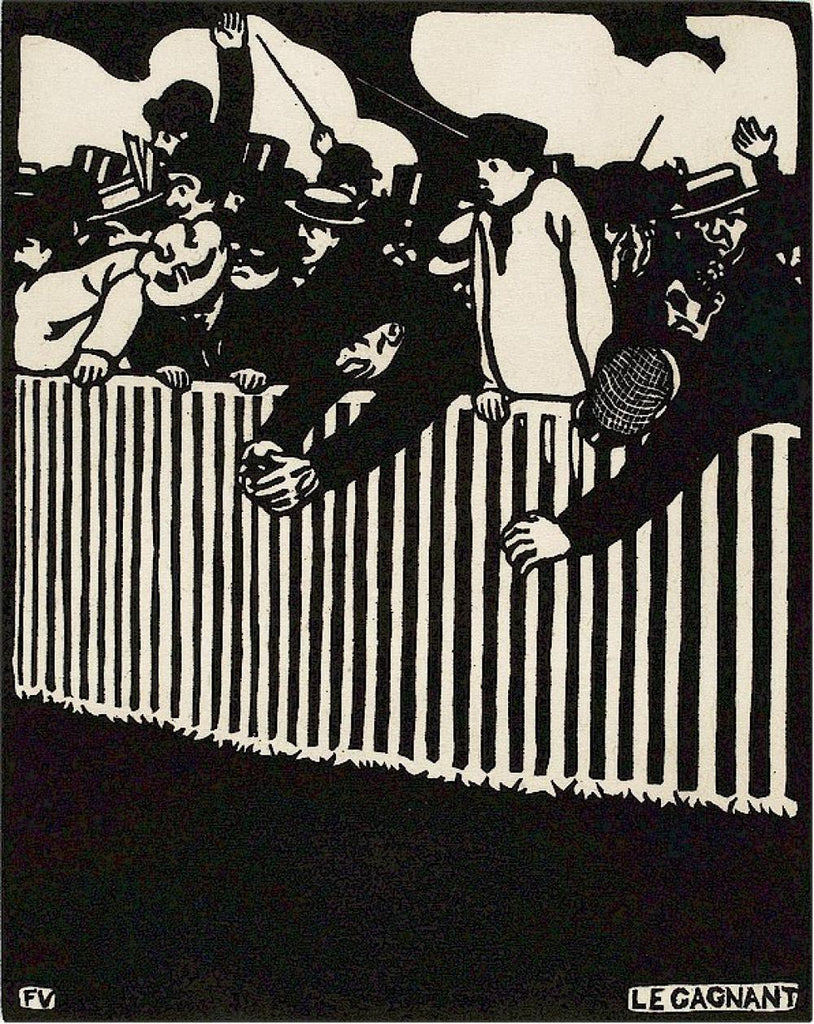 Felix Vallotton - Le Gagnant - The winner - crowd racing - woodcut black and white