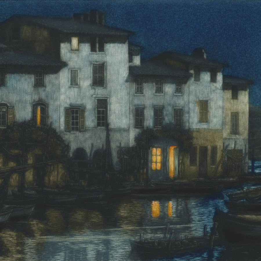 Frederick Marriott - The Brescon Martigues France - at night - color aquatint - detail