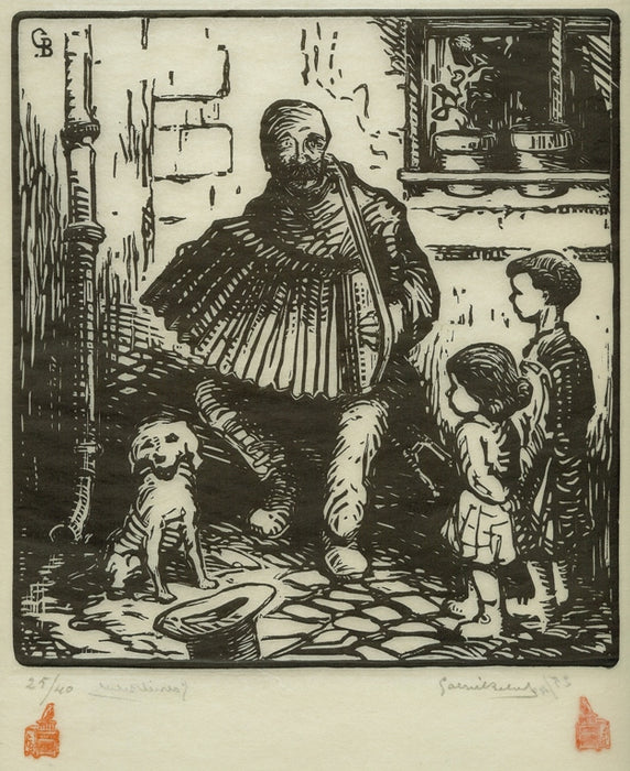 Woodcut - by BELOT, Gabriel - titled: The Accordion Player
