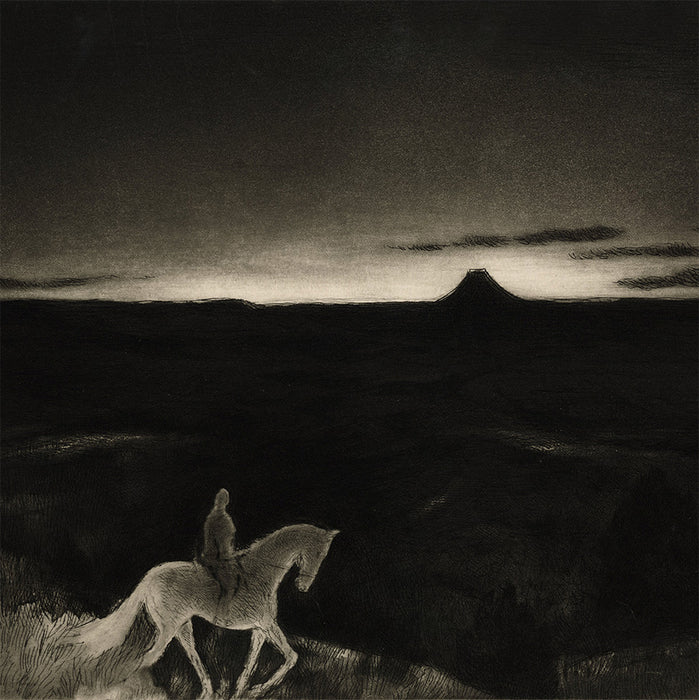Gene Kloss - Sundown - etching and aquatint - rider at night in desolate western landscape - detail1