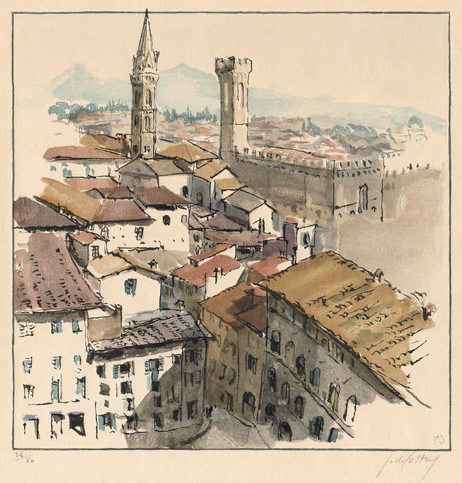 Germaine de Coster - Florence - Firenze - color woodcut watercolor style - mokuhanga