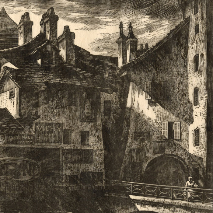 Grace  Albee - On the Canal,  Lac d'Annecy - looming town buildings with canal, bridge parapet - detail