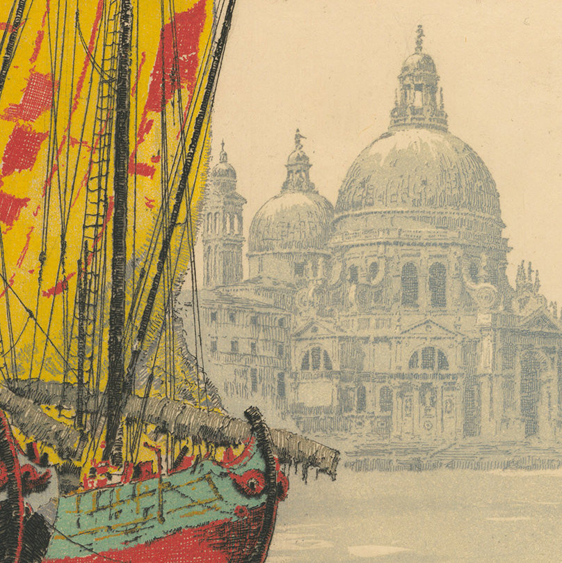 Hans Figura - Venice Santa Maria della Salute - color etching - colorful large boat with sails on Grand Canal in front of large church