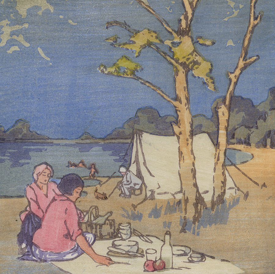 Helen G. Stevenson - The Campers - circa 1920 - woodblock print - color woodcut - detail
