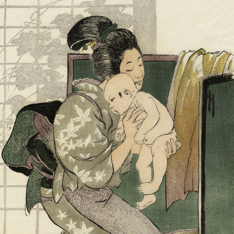 Helen Hyde - The Bath - Japanese Mother in Kimono holding bare baby over wooden wash tub - detail
