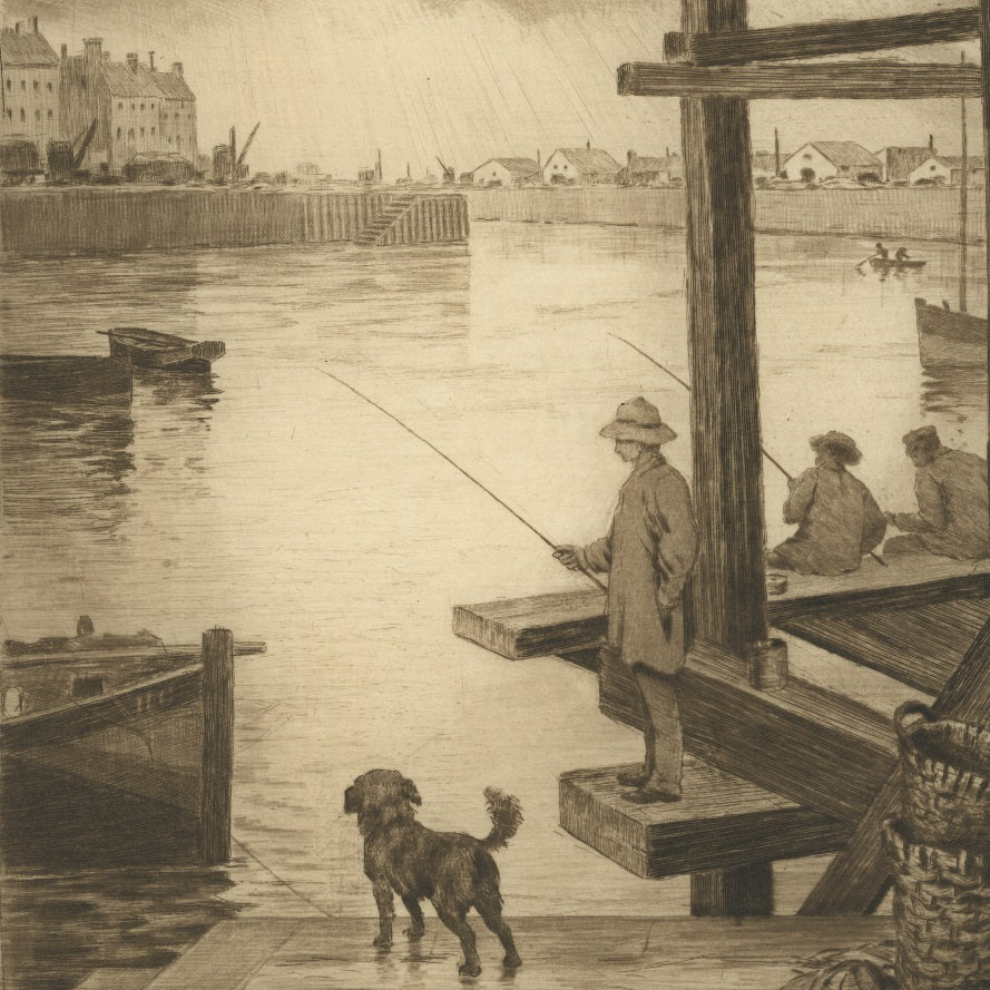 Etching, drypoint and roulette by Henri GUERARD - titled: Fishing on the Scaffolding in the Harbor Dieppe