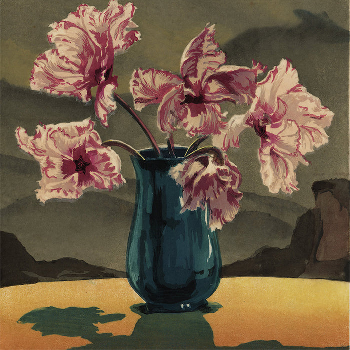 Hugo Noske - Tulpen - Pink and White Ruffled Tulips - color woodcut - detail