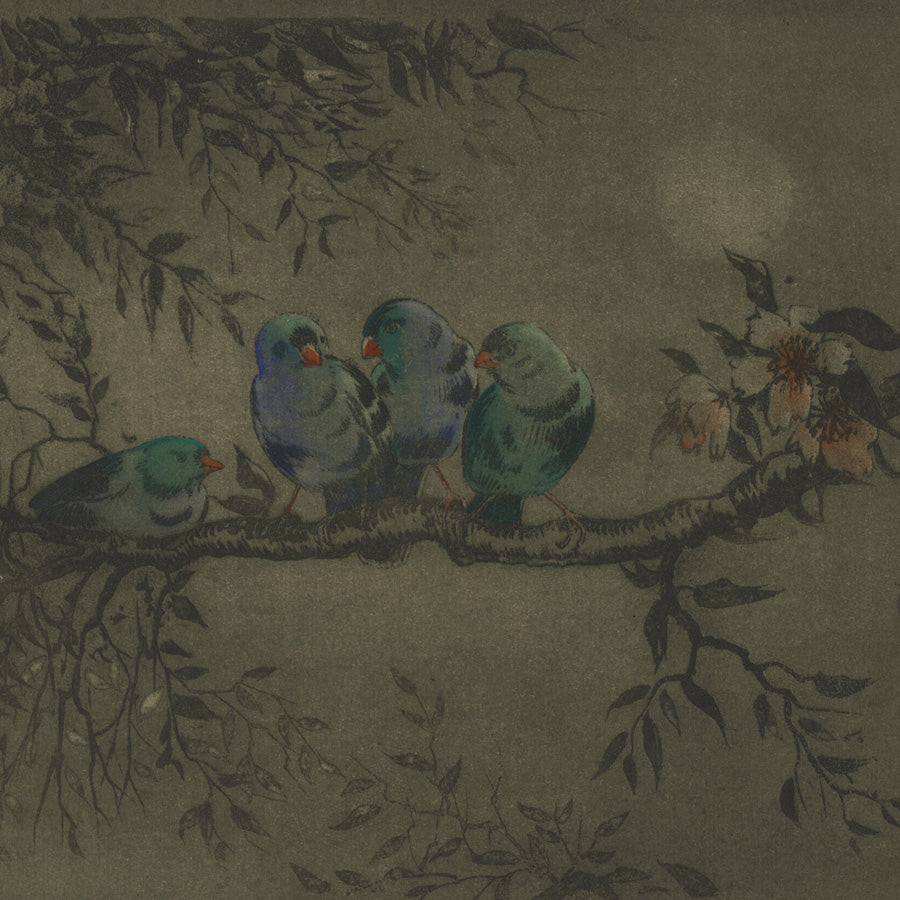 Jacobus Jan KOEMAN - Birds on a Flowering Branch at Dusk - Aquatint and etching  -detail