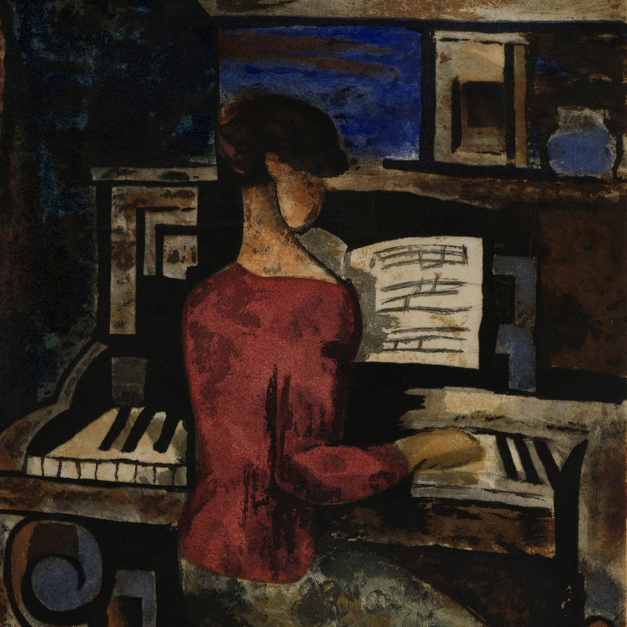 Jacques Villon, Le Femme au Piano, d’après Marcel Gromaire (original French title)  Color etching and aquatint on thick wove paper, 1928-29. 
