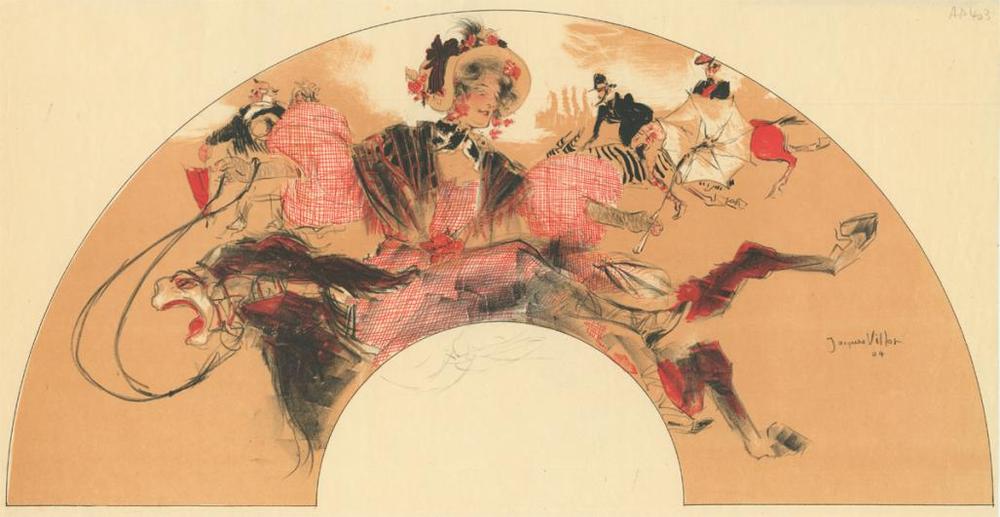 Jacques Villon - Eventail pour la Fte Henri Monnier - color lithograph fan of elegant people in leisure - Ginestet & Pouillon 121