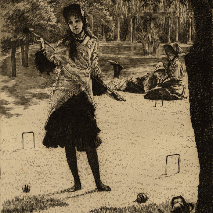 James Jacques Tissot - Le Croquet - regular edition etching - toy dog foreground - detail