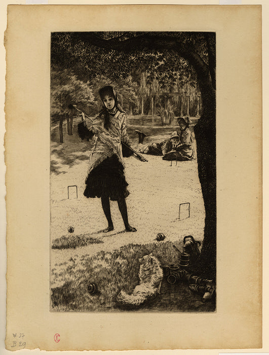 James Jacques Tissot - Le Croquet - regular edition etching - toy dog foreground - sheet