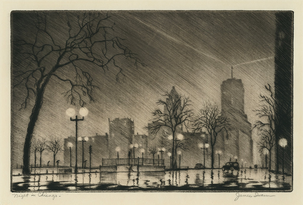 James Swann - Night in Chicago - Chicago Society of Etchers - North Lake Shore Drive - Beacon atop Drake Hotel