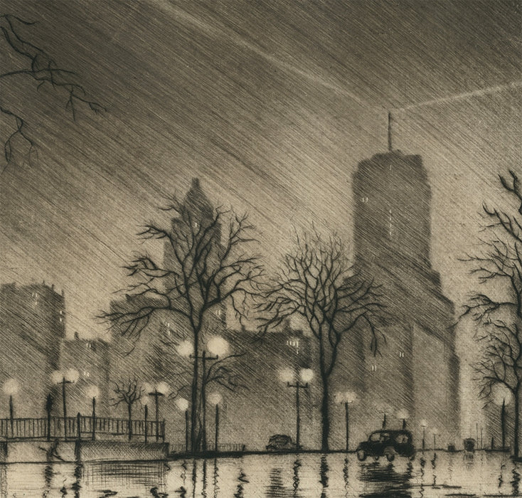 James Swann - Night in Chicago - Chicago Society of Etchers - North Lake Shore Drive - Beacon atop Drake Hotel_detail