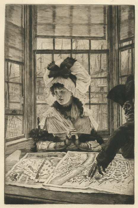 James Tissot - Histoire Ennuyeuse - Uninteresting Story - etching and drypoint - profile of elegant woman