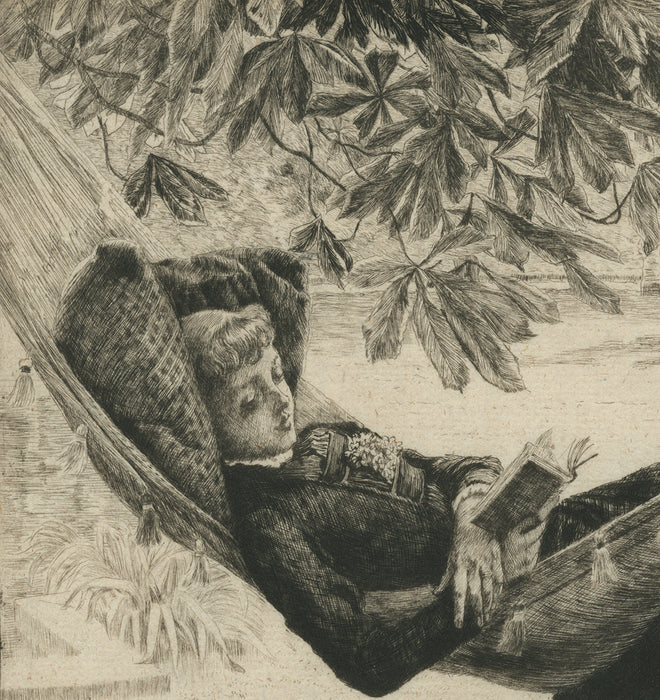 James Jacques Tissot - Le Hamac - Hammock - etching and drypoint - elegant woman reading in a hammock - edition