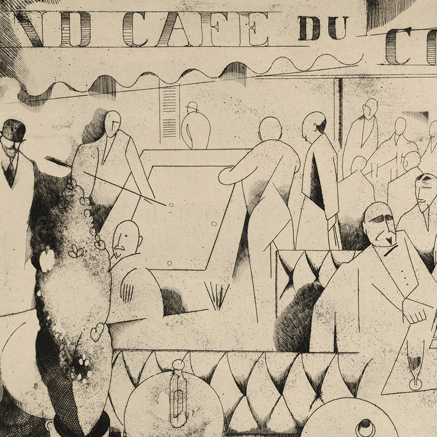Jean-Emile Laboureur - Le Cafe du Commerce - pure-line cubistic engraving - detail