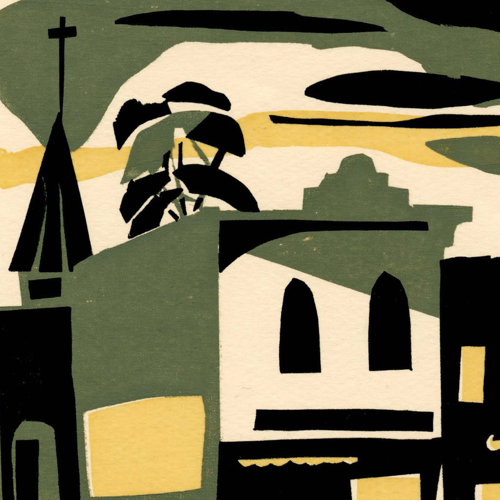 Kathryn Fulwider - Evening Patterns - color screenprint - abstracted green yellow buildings small town