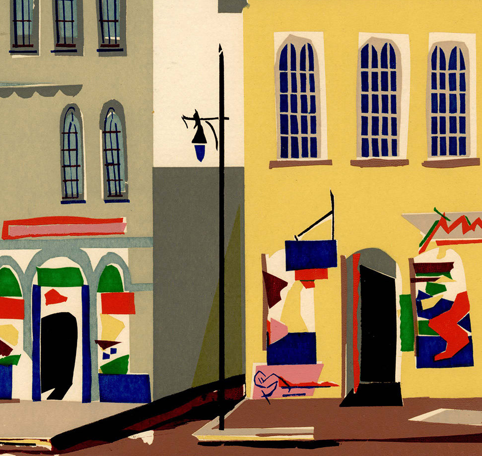 Kathryn Fulwider - Store Fronts - color screenprint - street scene with shops