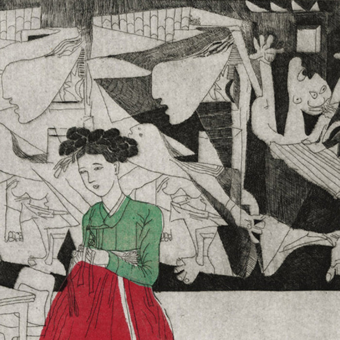 Kay Y. Gim  - A Girl with Guernica - etching and color aquatint - detail