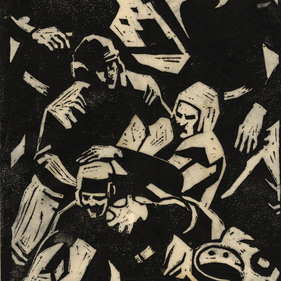 Lillian SCALZO - Halted - Woodcut printed on very thin Japan paper - football scrimmage