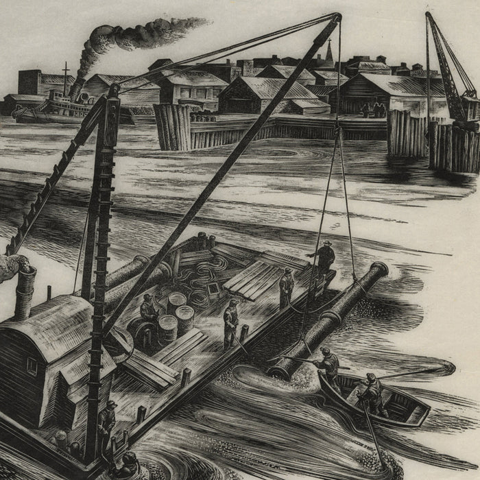 Lynd Ward - Laying of submerged river pipeline from a barge - wood engraving - detail