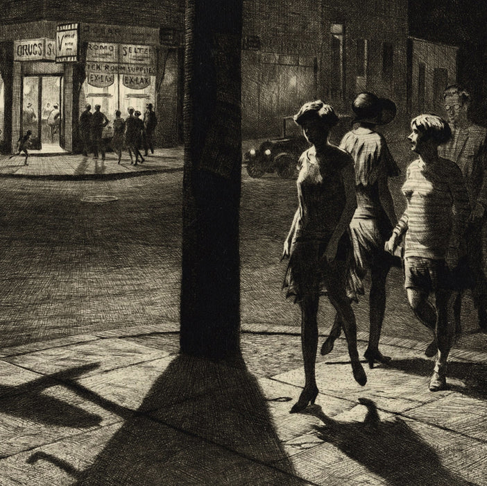 Martin Lewis - Corner Shadows - black and white intaglio - people on the street at night