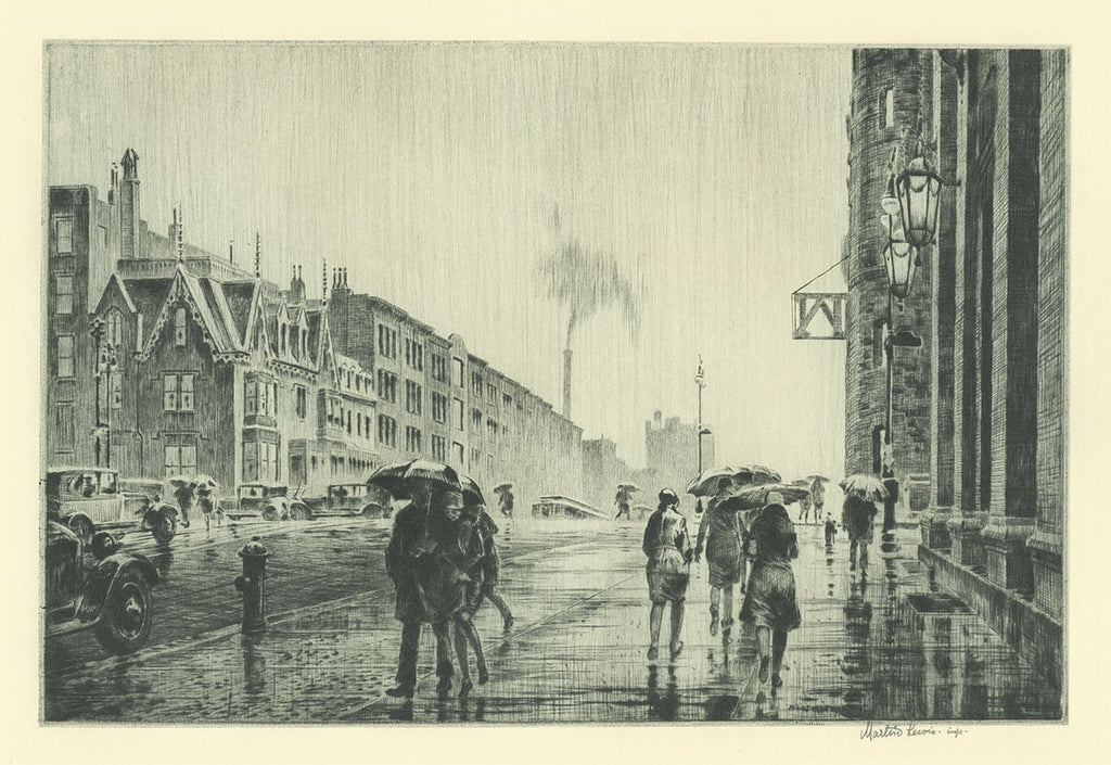 Martin Lewis - Rain on Murray Hill - greenish black ink - McCarron 75 - rainy New York 