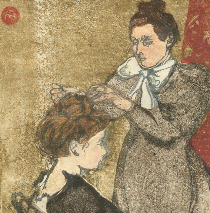 Maurice Delcourt - La Coiffure - Hair Dressing - color woodcut - hair bun - detail