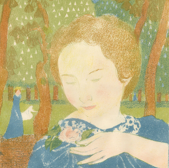 Maurice Denis - Amour - Les attitudes sont faciles et chastes - attitudes are easy and chaste - woman in blue dress in forest and flowers