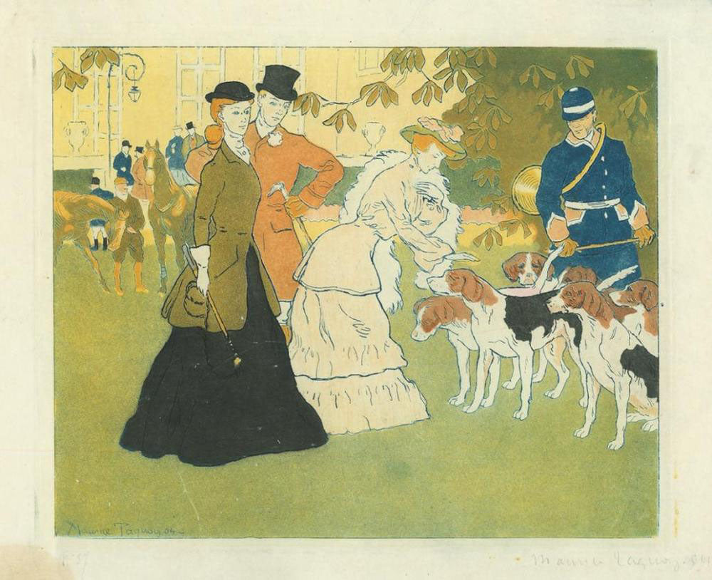 Maurice Taquoy - Le Depart pour la Chasse - departure for hunting - dogs - elegant recreation- color aquatint