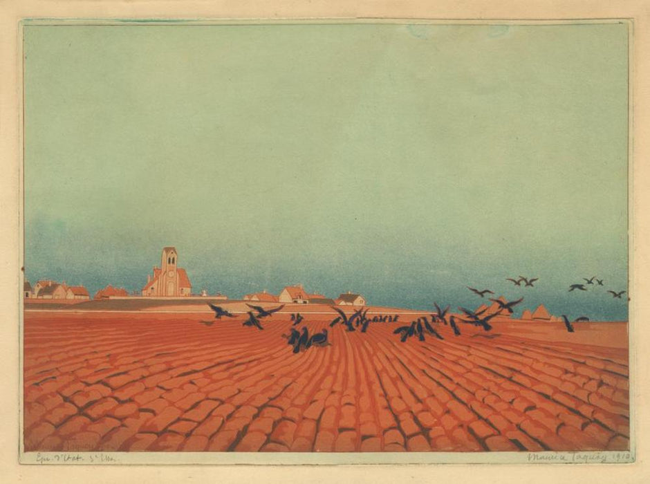 Maurice Taquoy - Les Corbeaux - The Ravens - village and empty field - color aquatint soft-ground etching
