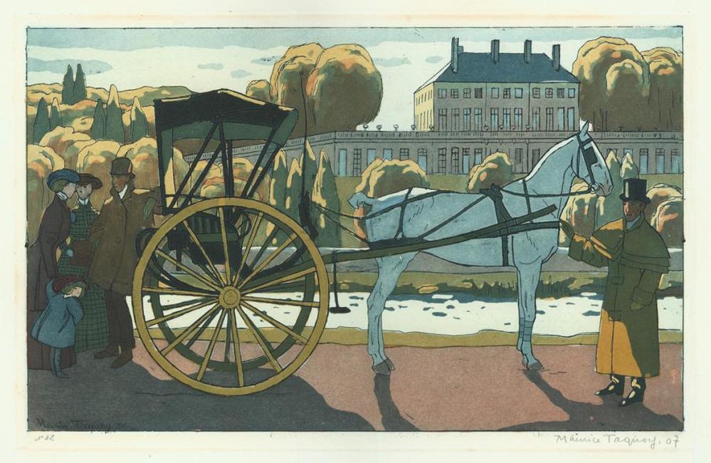 Maurice Taquoy - The Encounter - La Rencontre - carriage and mansion - 1906 - color aquatint