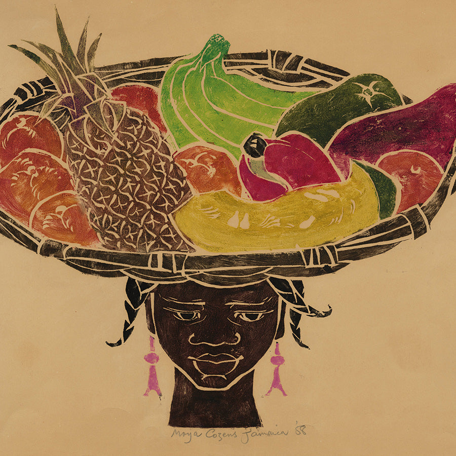 Maya Cozens - Jamaica 1958 - White Line Color Woodcut - Fruitseller Head Basket - detail