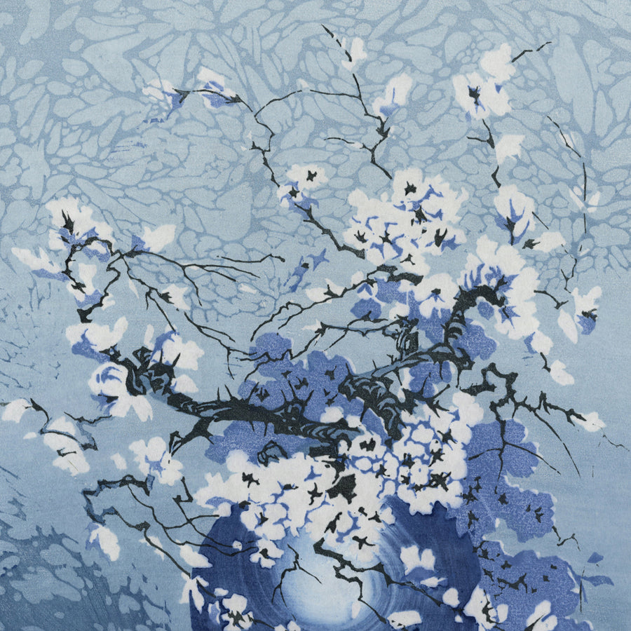 Oscar Droege - Ikebana - White Blossoms in a Blue Vase - color woodcut - detail