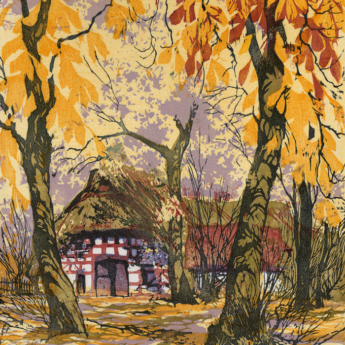 Oscar Droege - Thatch Roof Farm under Fall Chestnut Foliage - color woodcut - detail