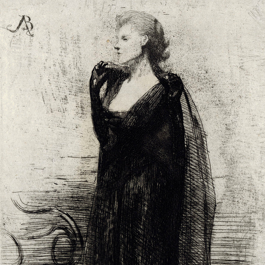 Paul Albert Besnard - La Dame en Noir - Lade in Black Evening Gown - cape draped over the shoulder - detail