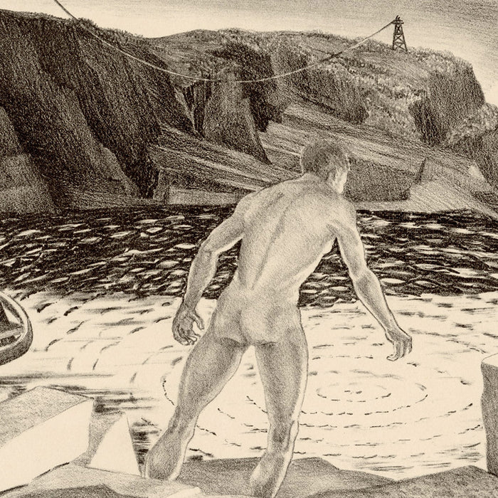 Prentiss Taylor - Flooded Quarry - original lithograph of male nude wading into rain water - telegraph pole - detail