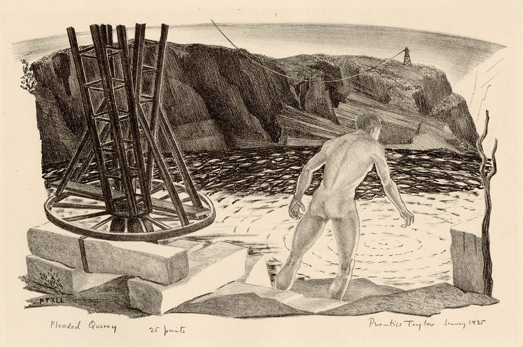 Prentiss Taylor - Flooded Quarry - original lithograph of male nude wading into rain water - telegraph pole