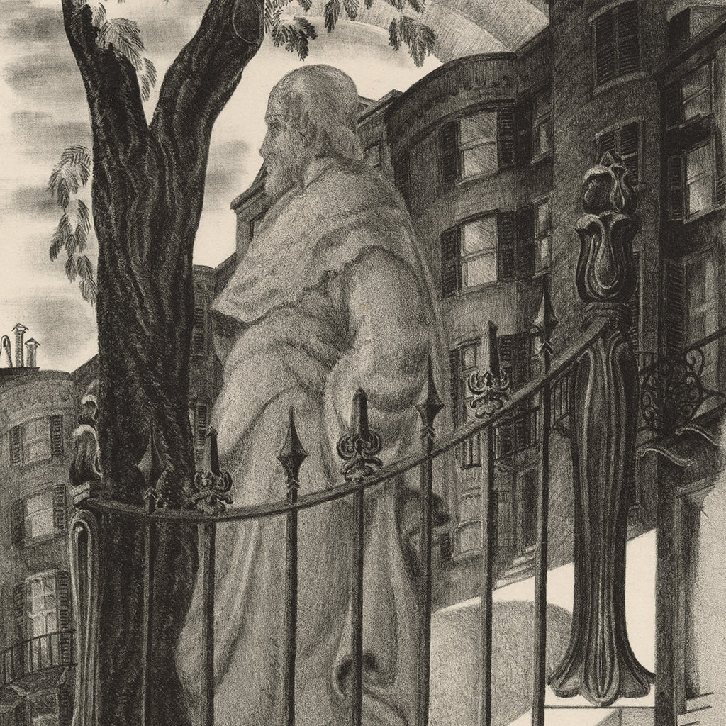 Prentiss Taylor - Louisburg Square - lithograph - city scape w statue row houses - boston