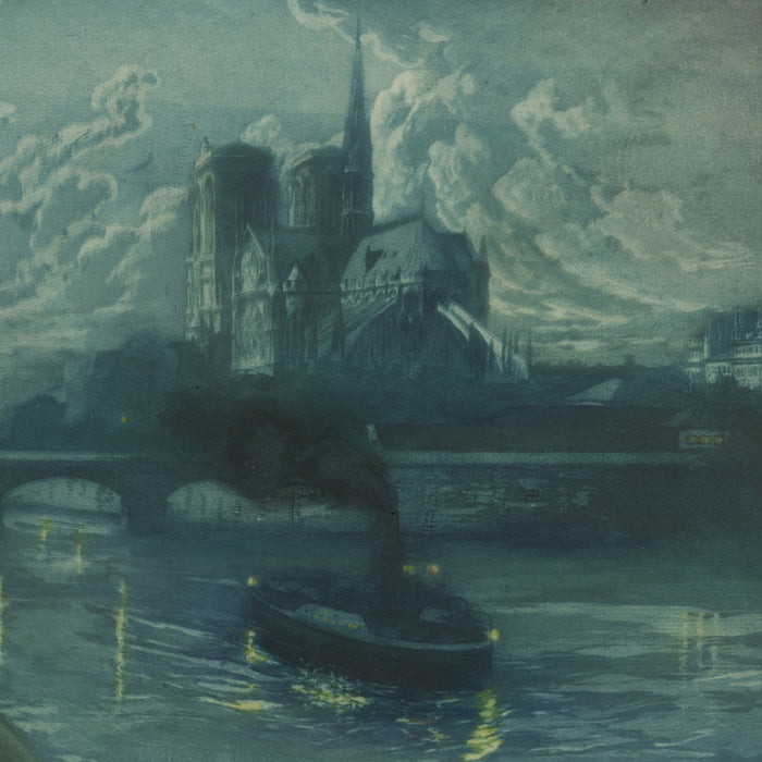 Rene LORRAIN - Steamboat on the Seine, Pont de l’Archeveche, and Notre-Dame de Paris - Color aquatint and etching 1920 detail