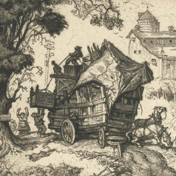 Reynold Weidenaar - unloading the dowry - Library of Congress - Miniature Print Society - Alexandria VA - horse cart