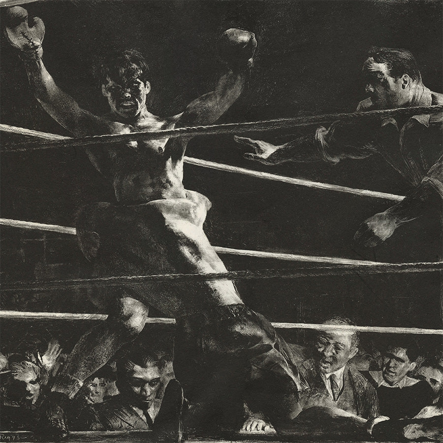 Robert Riggs - Out - knock-out boxing art lithograph - George Bellows - fight in the ring - referee calling the fight