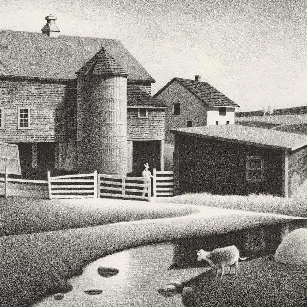 Roger Medearis - Barnyard Gate - lithograph - farm with barn and animals