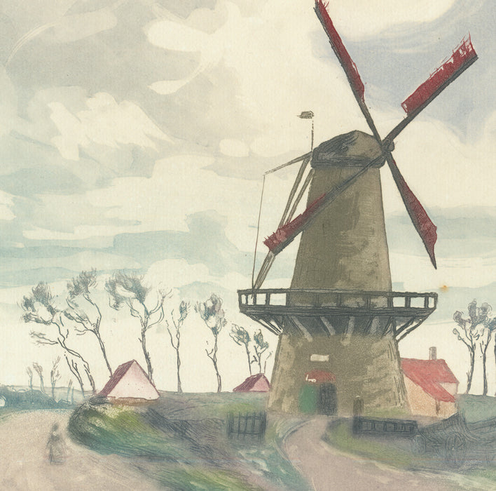 Color aquatint and etching - by ROUX-CHAMPION, Victor-Joseph - titled: The Windmill