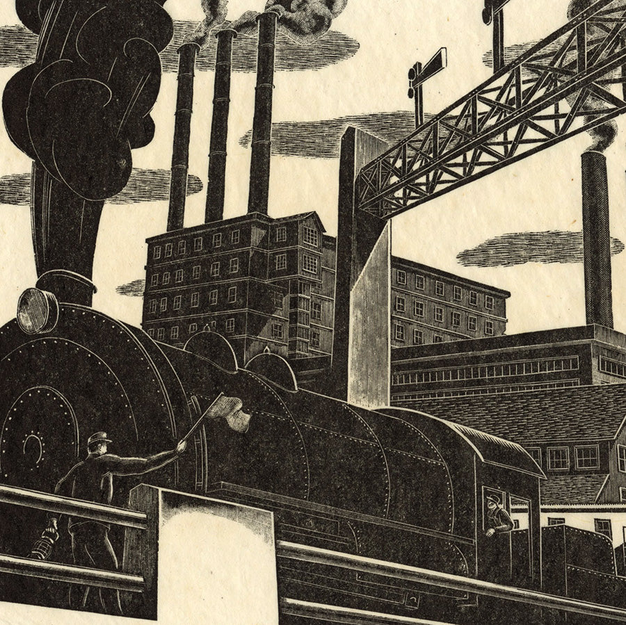 Salvatore Pinto - Locomotive - smoketacks departing train - wood engraving - industrial - art ferroviaire